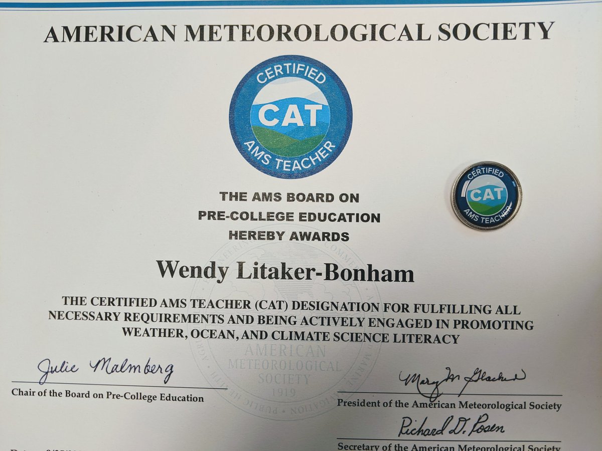 Mrs. Bonham is only the 27th person in the nation to earn this distinction!  Way to go!  #teacherleaders #scienceteachers <a href="/WMO/">World Meteorological Organization</a> <a href="/weatherchannel/">The Weather Channel</a> <a href="/ametsoc/">American Meteorological Society</a>