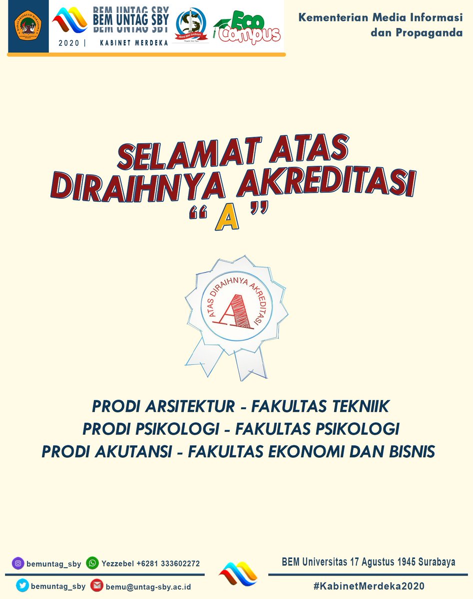 [AKREDITASI]

Salam Mahasiswa !

Selamat Atas diraihnya Akreditasi "A" Bagi Prodi Arsitek - F.Teknik, Psikologi - F.Psikologi, dan Akutansi - FEB Untag Surabaya. 
Semoga Kampus Merah Putih Menjadi Lebih Baik dan menghadirkan Anak Muda bangsa yang berguna bagi Nusa dan Bangsa.