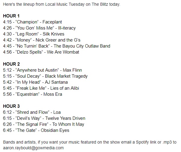 Degenerates975's tweet photo. Here's the lineup for #LocalMusicTuesday on @espn975 Bands and artists if you have music you want featured on #TheBlitz email an mp3 or Spotify link with a SAFE FOR RADIO version of your song to aaron.raybould@gowmedia.com https://t.co/39VXPKIujK