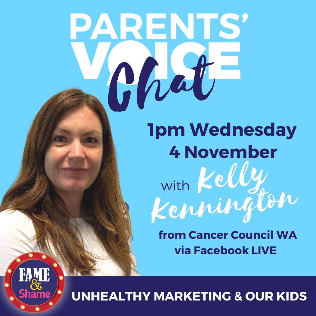 Less than an hour and counting ⏰until we launch #FameandShame with a very special chat w/ @KelKennington from @ObesityPolicyWA 

We'll be discussing #unhealthymarketing and its effects on our #kids 👨‍👩‍👧‍👦🛑

Don't miss out, RSVP now 👉ow.ly/WFkD50CaMn1