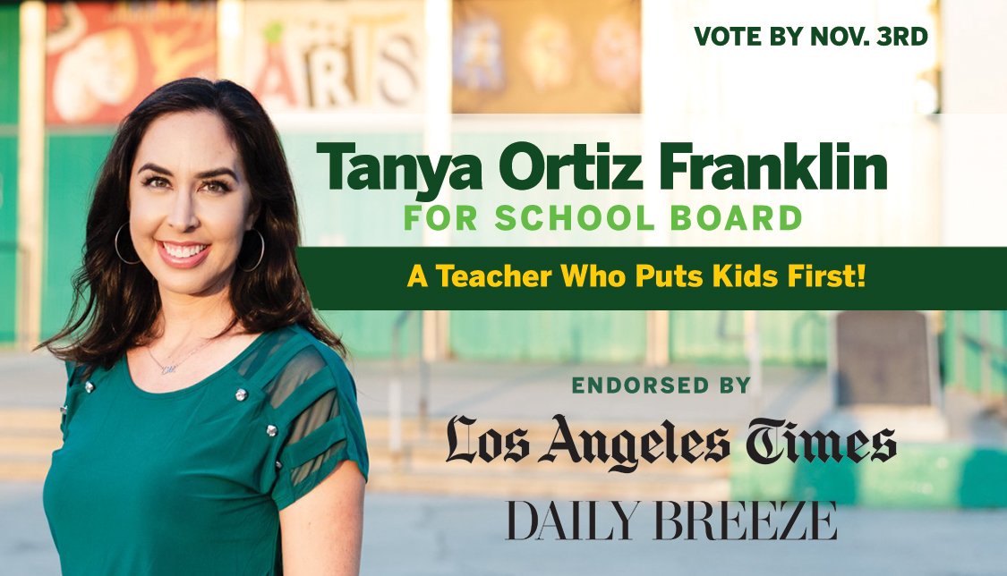 therestlessmom's tweet photo. Tanya Ortiz Franklin es la única maestra en esta elección para la junta escolar del LAUSD por el #BD7. Ha dedicado su carrera a ayudar a los niños más necesitados y luchará por la igualdad racial y educativa ¡Vota por @TanyaForLAUSD este 3 de noviembre! #OurSchoolsOurVote https://t.co/zINOczt60t
