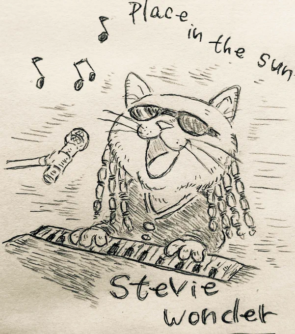 猫界のスティーヴィーワンダー?いつまでも素晴らしい偉大なシンガーですね#StevieWonder #イラスト #猫イラスト #アナログイラスト #スティービーワンダー 