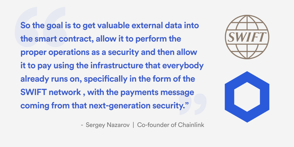 @SergeyNazarov confirming the goal of their POC at the 2016 @Innotribe event ran by SWIFT.

Get external data into the #smartcontract, have it perform as intended - allow it to pay via the SWIFT network in the #ISO20022 messaging format. $LINK #4IR #SWIFT

youtu.be/8f0KJc4Lj3Y