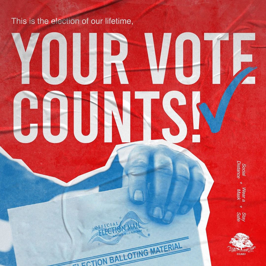 CCAEJ's tweet photo. 🚨🚨 Polls are closing soon🚨 This is your last chance to be heard. Don’t forget to drop off your ballot if you haven’t yet‼️
#ejvote #ievote #2020Election https://t.co/S5YXrMmNRU