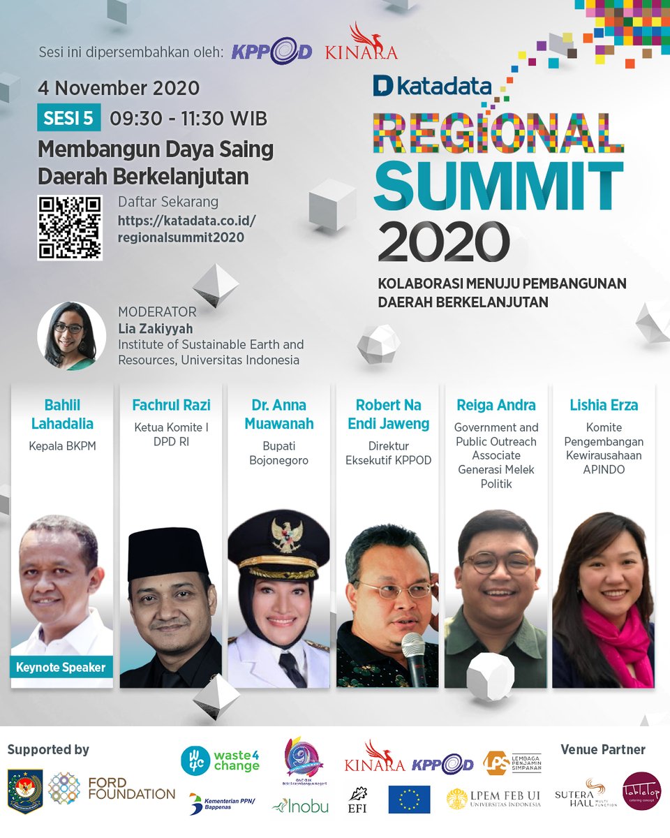 KATADATAcoid's tweet photo. HARI KEDUA #REGIONALSUMMIT2020 DIMULAI!
Simak 4 sesi diskusi daring pada pukul 09.00-18.00 WIB. Membahas inovasi pengelolaan sampah, perhutanan sosial, komoditas perkebunan Indonesia hingga pembangunan daya saing berkelanjutan.
https://t.co/dSDVMT3Bas https://t.co/h87qUbsvhL