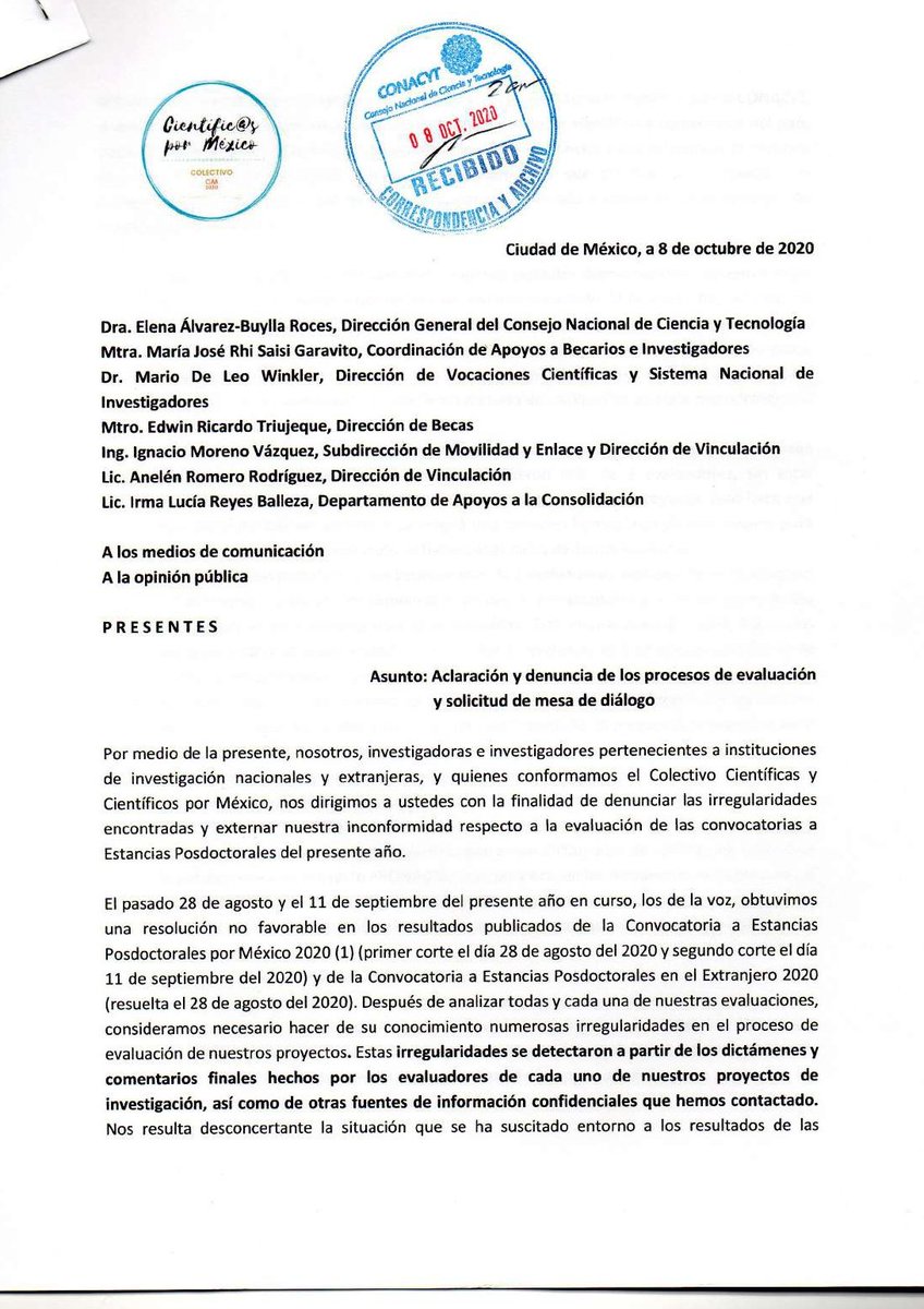 posdocs2020's tweet photo. ...diversas irregularidades en los procesos de evaluación y al día de hoy (más de 25 días) no tenemos respuesta. Invitamos a @Conacyt_MX  a que así como atiende las misivas en apoyo, también responda las que solicitan un intercambio de posturas. @ElenaBuylla  @mariodeleow https://t.co/1maTKoiPNh