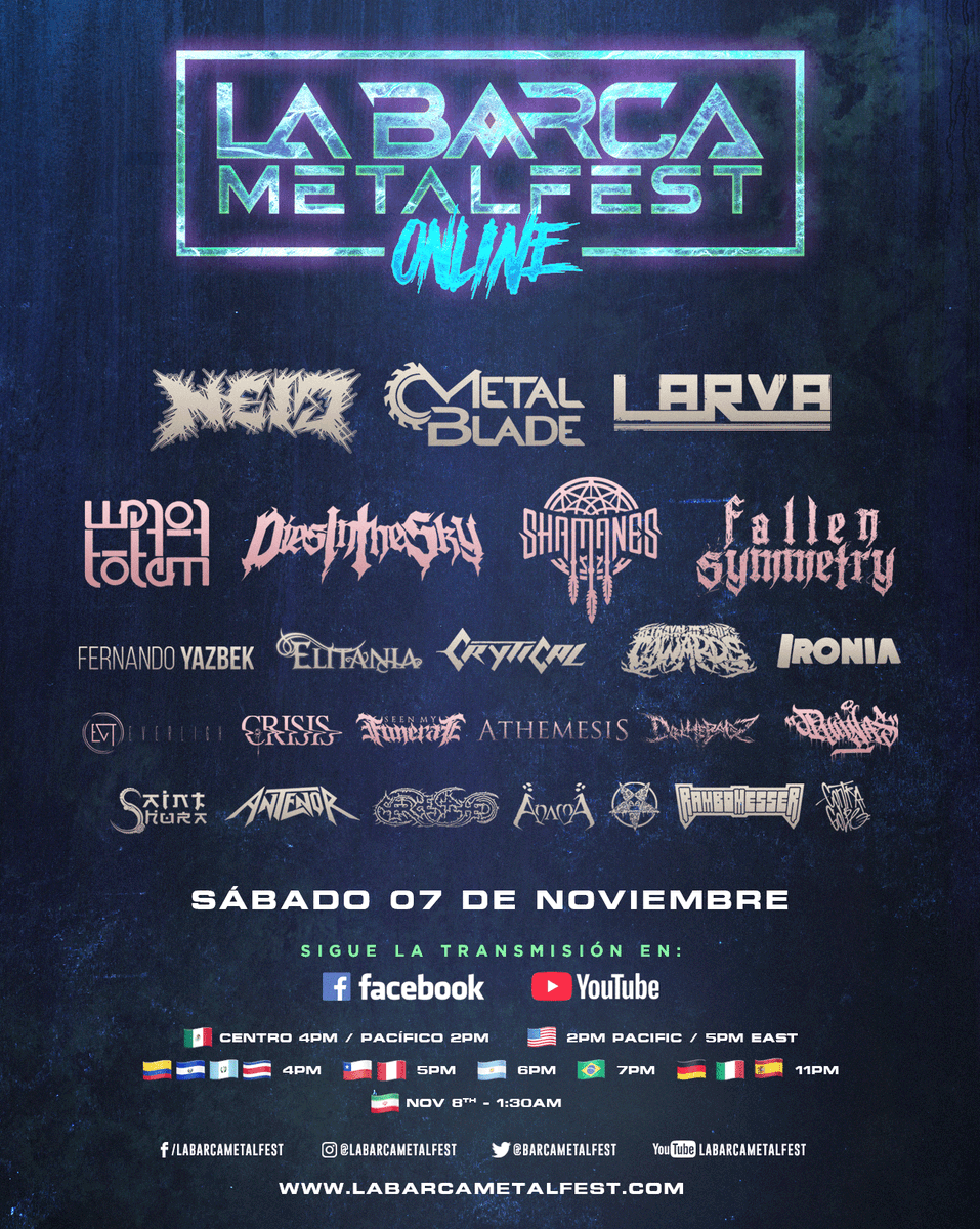 🔥"La <a href="/BarcaMetalFest/">La Barca Metal Fest</a> online" es este viernes 6 y sábado 7 de noviembre🔥

¡Sigan la transmisión!
#FBLive: facebook.com/LaBarcaMetalFe…

#YouTube: youtube.com/c/labarcametal…

ccp <a href="/pressiveband/">Pressive</a> <a href="/larvamx/">Larva</a> <a href="/Zebugrindcore/">Zebú</a> <a href="/SaintShuraBand/">Saint Shura</a> <a href="/ltolmex/">Let The Oceans Lie</a>