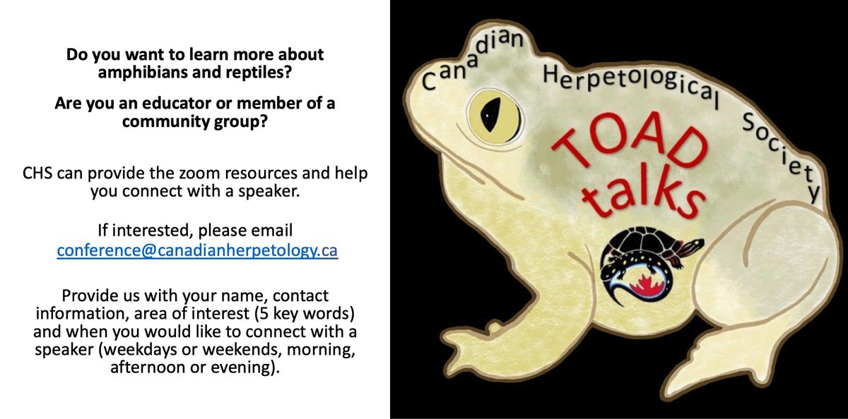 canuck_herps's tweet photo. Know an educator or community group who wants to learn about reptiles and amphibians? CHS can connect them with speakers!

If interested, email conference@canadianherpetology.ca

Pass it on! #ToadTalks https://t.co/yWL1tcIxSi