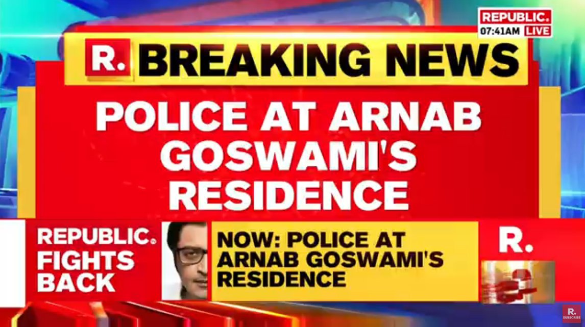 republic's tweet image. #BREAKING | Amidst mega witch-hunt against Republic Media Network, Mumbai Police reaches Arnab Goswami&apos;s residence; Tune in for #LIVE updates #ArnabGoswami #Republic republicworld.com/livetv.html
