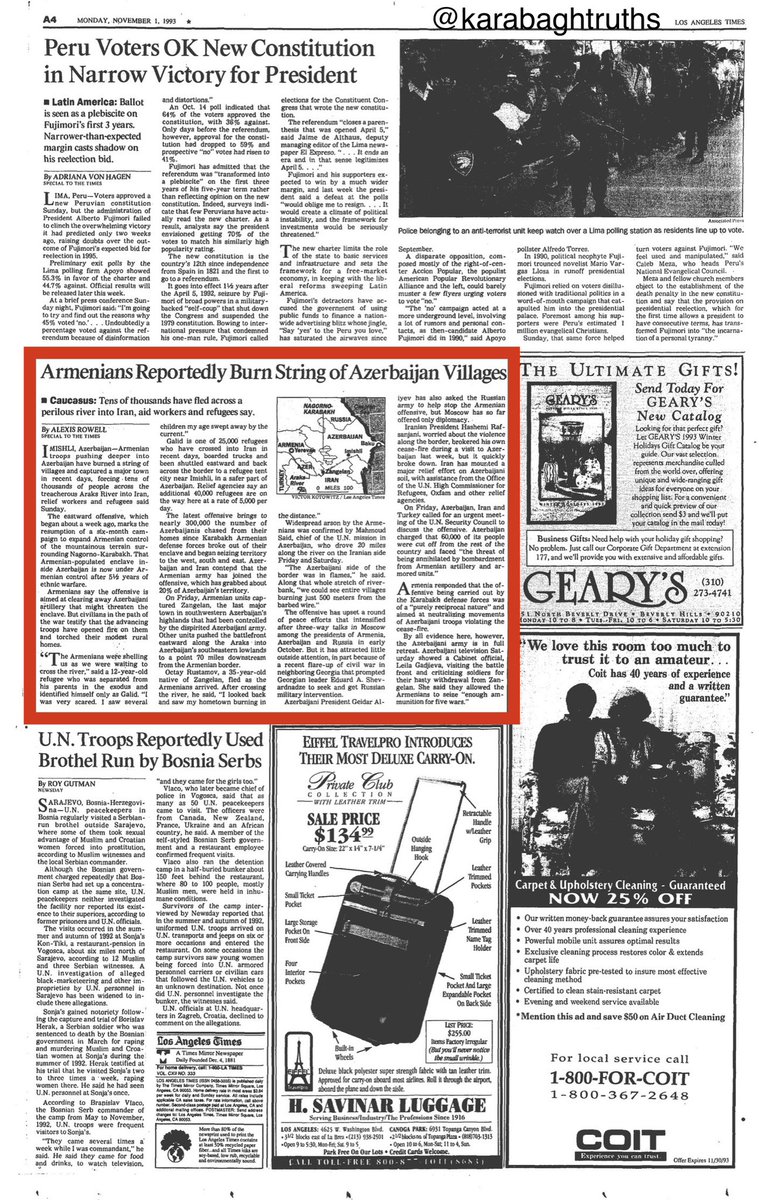 karabaghtruths's tweet photo. LA Times, 1993 - "#Armenian troops pushing deeper into #Azerbaijan burned a string of villages and captured [Zangelan], forcing tens of thousands across Aras river into #Iran. Latest offensive brings the number of Azeris chased from their homes to 300,000” #Karabakh #Karabagh https://t.co/xJ4H5bwh4e