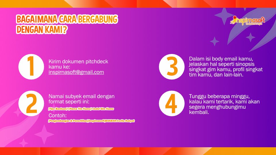 inspirna_soft's tweet photo. Halo Calon-calon InspirnaDev!
Kita ada pengumuman nih, bisa dicek di gambar yaa :)
SEKALI MENGINSPIRASI, TETAP MENGINSPIRASI!! (2)
#todayisaninspirnaday #IndieGameDev #gamedevindonesia #gamedevid #indiegames #Indonesia #inspirnasoft #gamepublisher #gameinvestor https://t.co/VFnIks1QR4