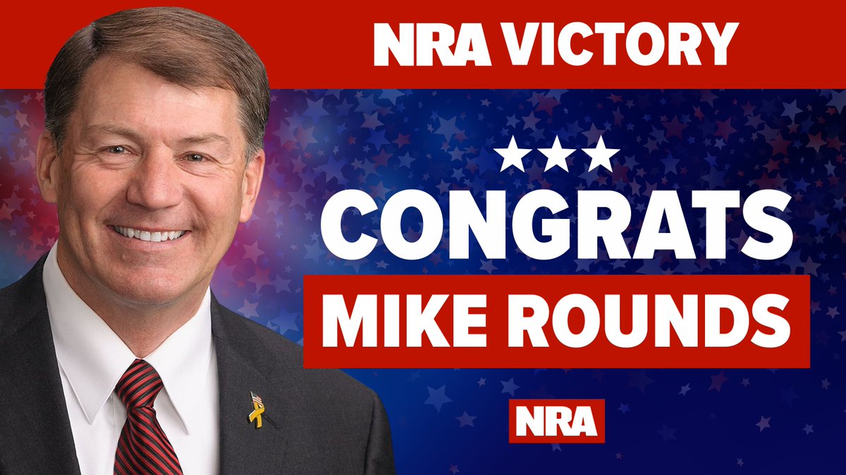 NRA's tweet photo. Congrats to @NRA-endorsed Mike Rounds (@RoundsforSenate) for his win tonight in South Dakota.
NRA members &amp; gun owners showed up in droves to secure their Second Amendment! #NRAEndorsed https://t.co/g3V7vjP1qn
