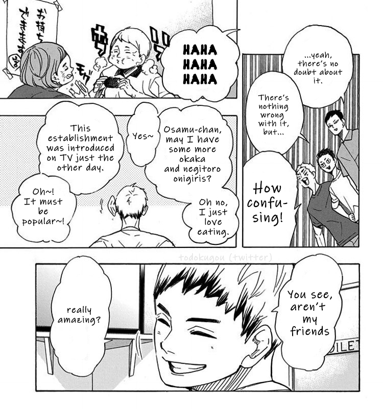 [TRANS THREAD] Haikyuu!! Volume 45 - EXTRA PANELSInarizaki High: "Aren't my friends really amazing?"仲間 (nakama=friend) is often used for people that share the same goal as you do and someone who fights by your side.
