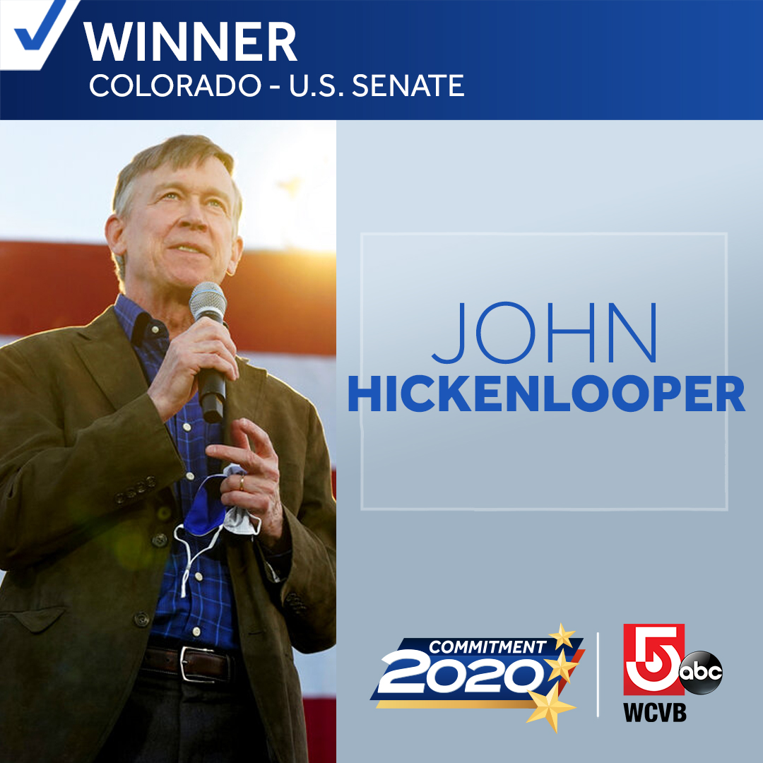 WCVB's tweet photo. #BREAKING: Colorado Democrat John Hickenlooper is heading to the US Senate, defeating incumbent Republican Cory Gardner, flipping a senate seat for the Democrats, ABC News reports. https://t.co/lRkvA7MOJt #ElectionNight #Election2020 https://t.co/GoVMKgILBX