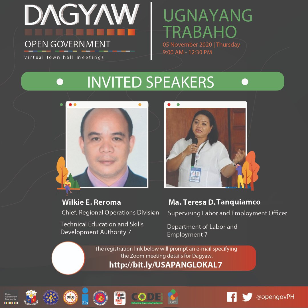 We would like to invite you to attend the session on Dagyaw  2020: Virtual Town Hall Sessions on Thursday, November 5, 2020 9:00 AM with the topic, ''Ugnayang Trabaho''. Registration link (please click 👉): bit.ly/USAPANGLOKAL7