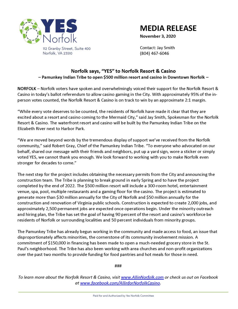 AllInNFK's tweet photo. The votes have been counted, and the choice is clear; Norfolk is All In for the Norfolk Resort &amp; Casino! Thank you all for supporting this project from its initial proposal through the final vote. Your help brought a big win to the City. Thanks again for being All In. https://t.co/XPt4JyvZsq