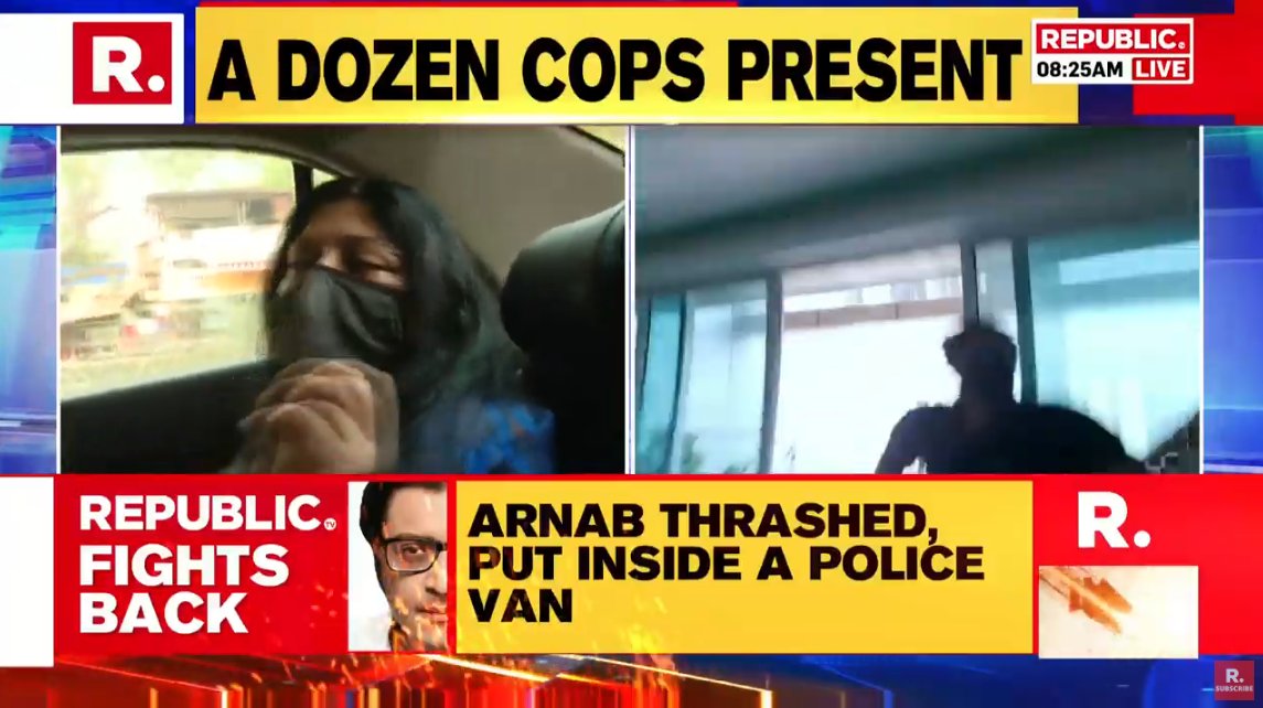 republic's tweet photo. #BREAKING | Arnab Goswami physically assaulted &amp; grabbed by the hair; Republic's Editors Samyabrata Ray Goswami narrates SHOCKING sequence as Republic tails Mumbai police van with #ArnabGoswami inside #LIVE https://t.co/RZHKU3wOei https://t.co/REaJDL95st
