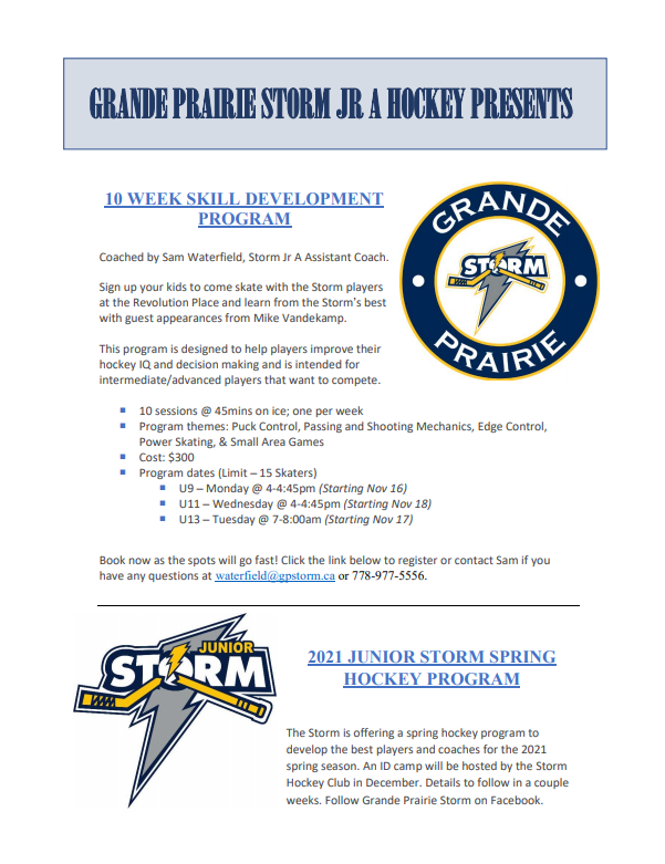 GPStorm's tweet photo. ANNOUNCEMENT:
Here's your chance, Don't miss out on working with Storm coaches and players. 15 spots available for each age group!
follow the link to register!
https://t.co/X4xm1x3SE6
More to follow on our spring hockey program in the coming weeks!
#stormdevelopment #bethefuture https://t.co/9UrzRmojJW