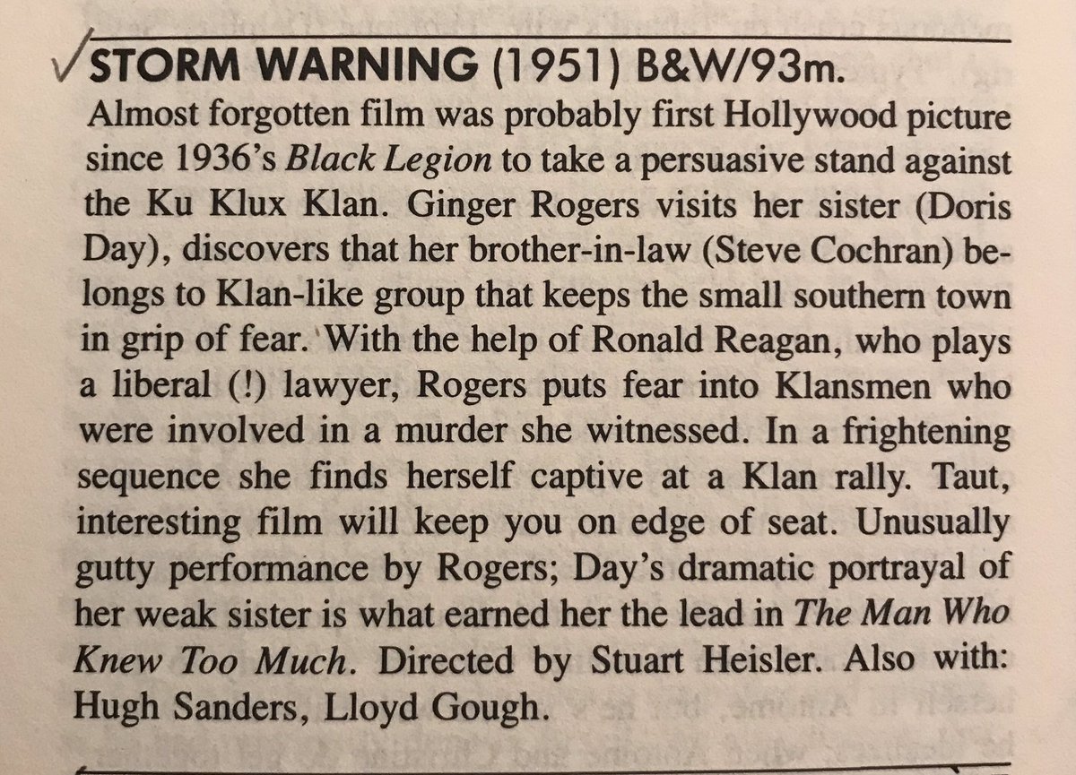 Here’s Danny Peary’s write-up of Storm Warning, from my well thumbed copy of his Guide for the Film Fanatic. “Frightening sequence” is quite the understatement.  #Noirvember