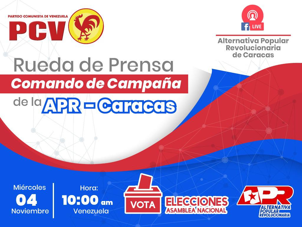 🔊 Rueda de Prensa Comando de Campaña APR-Caracas

📌Invitamos a las organizaciones y candidat@s de la APR Caracas a la Rueda de Prensa del Comando de Campaña de la APR

Fecha: 4 de Noviembre.

Lugar: Cantaclaro

Hora: 10:00 a.m.
#AlternativaPopularRevolucionaria