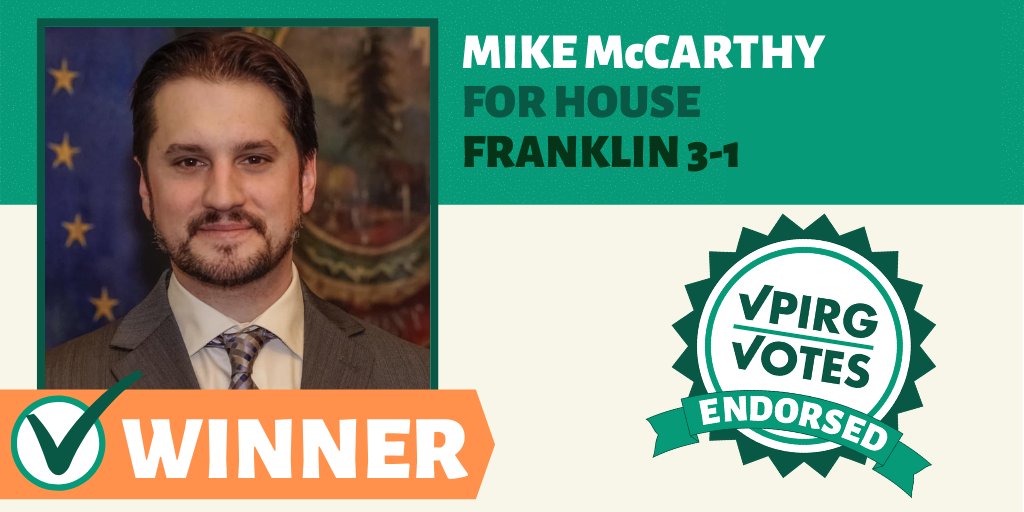 vpirgvotes's tweet photo. Congratulations to @ilikemikevt for winning the Franklin 3-1 general election! Rep. McCarthy will continue to lead on bold climate action, protecting our democracy, consumer protection, and so much more.

#vtpoli https://t.co/GqlqpGJAy6