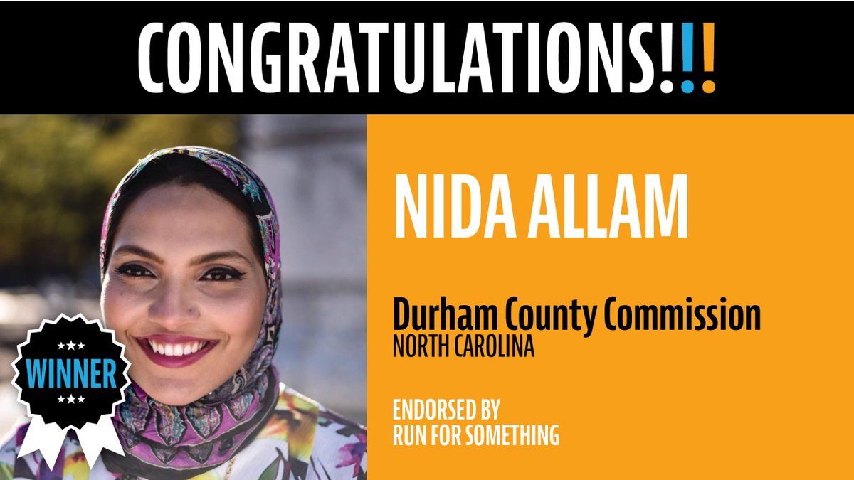 History made!!  @NidaAllam has been elected to the Durham County Commission in North Carolina, making her the first Muslim American to sit on the commission!!