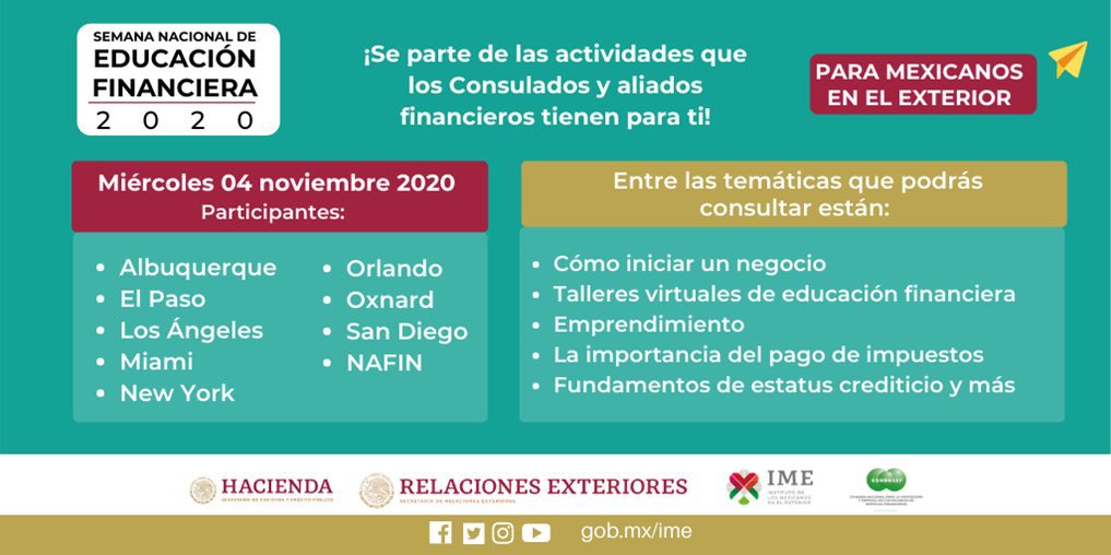 sofia_orozco's tweet photo. Mañana inicia la #SNEF2020 consulta la agenda del 4 de noviembre y participa en la actividades programadas por las #VAF y los Consulados de México en #Albuquerque #ElPaso #LosAngeles #Miami #NuevaYork #Orlando #Oxnard #SanDiego 👉🏼https://t.co/LLRaGrBrte… https://t.co/rnfV9IKDwM