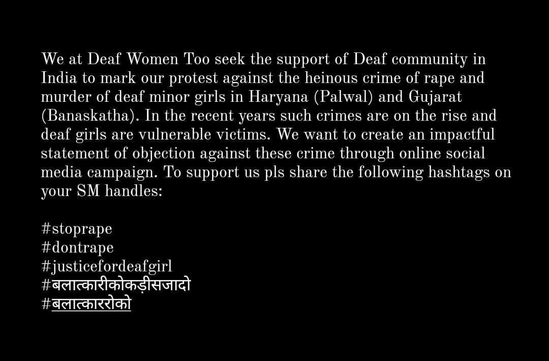 nikitasharma283's tweet photo. #stoprape
#dontrape
#justicefordeafgirl
#बलात्कारीकोकड़ीसजादो
#बलात्काररोको

https://t.co/TDIM6JOQxe https://t.co/XEtvACbTuk