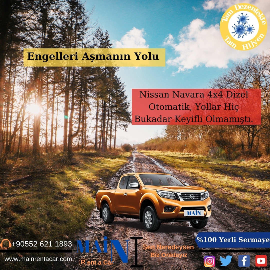 Engelleri Aşmanın Yolu.
Nissan Navara 4x4 dizel otomatik ile yollar hiç bukadar keyifli olmadı.
#mainrentcar #cheap #feast #rentacar #covid19 #aylıkaraçkiralama
mainrentacar.com
+90552 621 1893