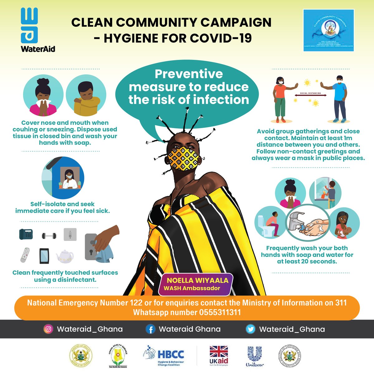 Wiyaala's tweet photo. Dodge #coronavirus by taking preventive measures to reduce the risk of infection . #StaySafe #COVID19 #HBCC #CCC #WaterAid #WAUK #WAG #DFID #Unilever #WHO #MOI #MSWR @WaterAid_Ghana @OrganizationWho https://t.co/mG4Fu5VoEc