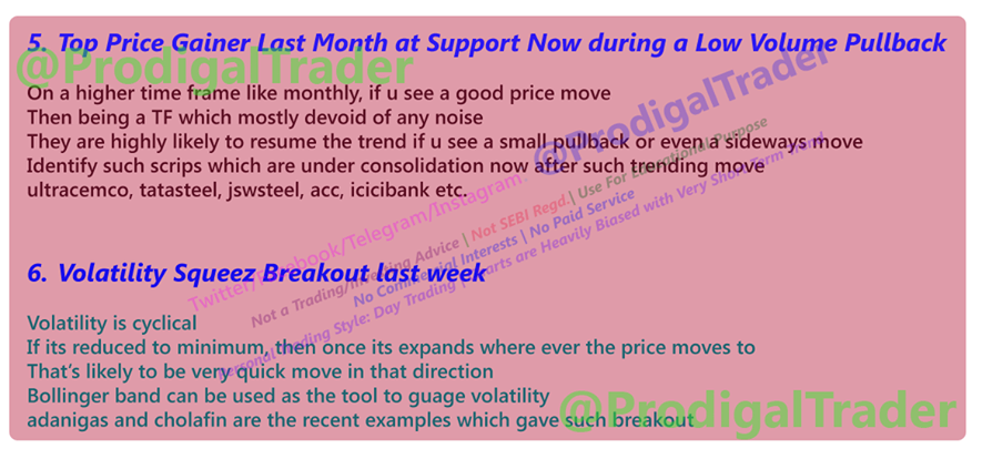 ProdigalTrader's tweet photo. Stock selection methods for swing 

these r based on picking a trending scrip to trade
in which case mometum is supposed to be very high that
it would sustain atleast
till we plan to complete the trade (2-5 days)

RT if the content is worthy enough to spread across
thanks https://t.co/i30xwrjXYo