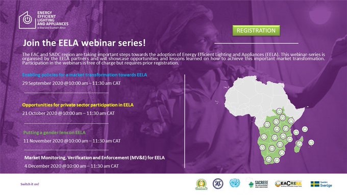 EACREEE4EA's tweet photo. Join our EELA webinar series jointly organised by #UNIDO, #EACREEE and #SACREEE on the 11th NOVEMBER  on “Putting a Gender Lens on EELA”
For more information and registration, follow the link https://t.co/ECGxV0RkkH… #efficiencyswitch https://t.co/xs8fIbLBbN