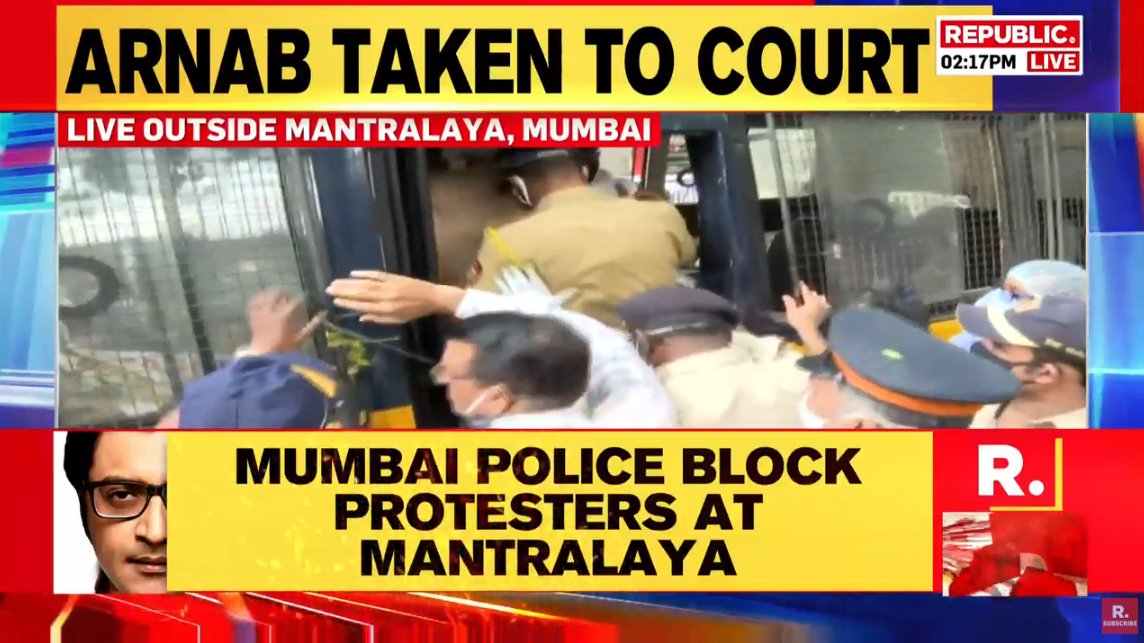 republic's tweet photo. #BREAKING on #IndiaWithArnab | Protesters enroute Mantralaya detained by Mumbai Police; Tune in to watch #LIVE here - https://t.co/RZHKU3wOei https://t.co/7zybGgcm9Y