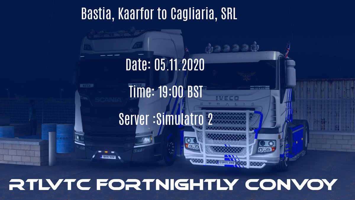 rtlvtc's tweet photo. RTLVTC Official Convoy 
-Start Location: Bastia Kaarfor
-Destination: Cagliari, SRL
-DLC's: Viva La France
-Route Length: 567 Miles
-Date: 5th November 2020
-Time: 19:00 BST
-Server: Simulator 2
-ETS2c: https://t.co/sM0tUbSIwm https://t.co/t4Qq4xjyok