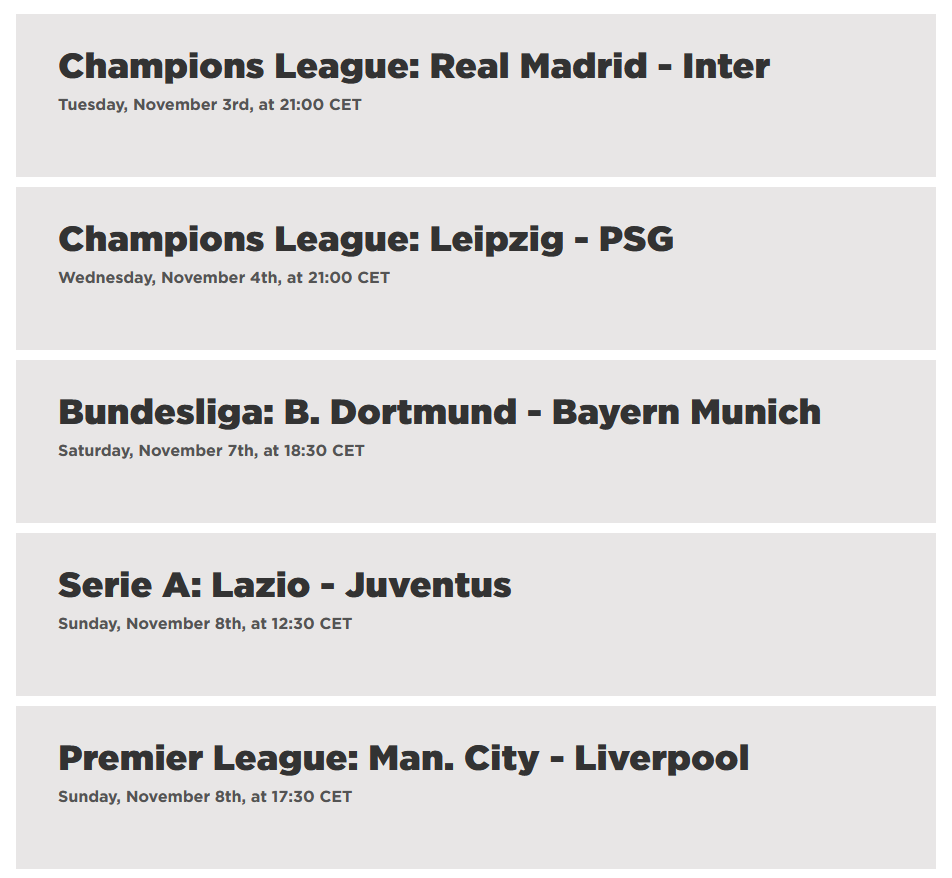 gamepulz's tweet photo. Schedule of this week's supported games ⚽⚽⚽🏆
https://t.co/xZxX3NghWT
#ChampionsLeague #RealMadrid #internazionale #leipzig #PSG #dortmund #BayernMunich #Bundesliga #premierleague #SerieATIM #Juventus #Lazio #mancity #Liverpool #fantasyfootball #footballprize https://t.co/72NIrqoQ1g