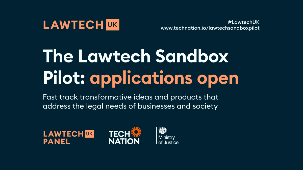Calling Lawtech Pioneers. Do you have a transformative idea, product or service that addresses a legal need of UK businesses and society? We're excited to announce the Lawtech Sandbox Pilot is now open for applications. Find out more: technation.io/lawtechsandbox… 
#LawtechUK