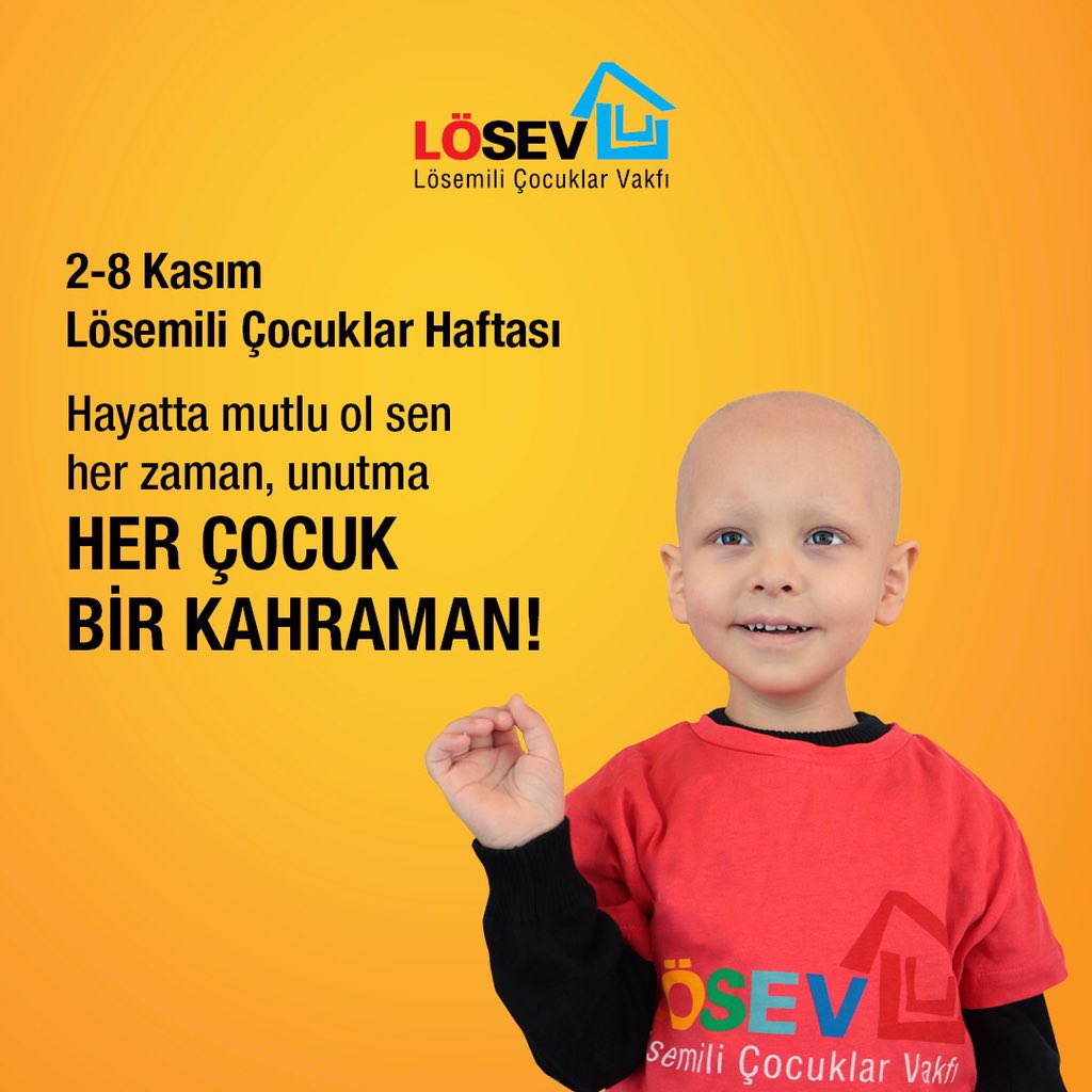 2-8 Kasım Lösemili Çocuklar Haftası🍀
Siz de “Hayatta mutlu ol sen her zaman, unutma HER ÇOCUK BİR KAHRAMAN!" diyerek <a href="/losev1998/">LÖSEV</a> hesabımızı etiketleyip #LÖSEVdeHerÇocukKahraman hashtag'ini kullanarak destek olabilirsiniz🌹