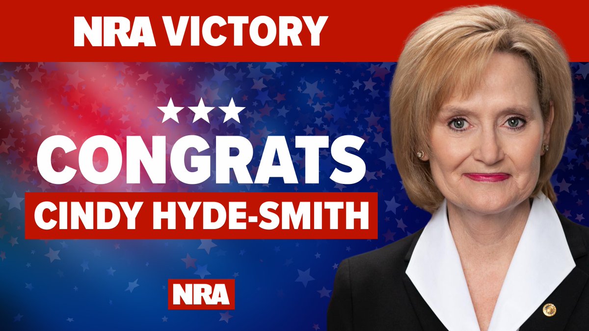 NRA's tweet photo. Another @NRA-endorsed candidate wins! Our congrats to @CindyHydeSmith, who is a strong protector of our Second Amendment right to self-defense. #NRAEndorsed https://t.co/EEBvxJ1rYC