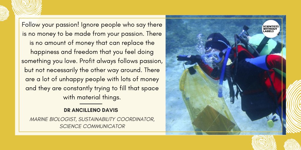 sci_wo_labels's tweet photo. Dr Ancilleno Davis encourages everyone to follow their passions, as “there is no amount of money that can replace the happiness and freedom that you feel doing something you love”. #scientistswithoutlabels #STEM #research #science @AcademicChatter https://t.co/yXWyJMgQEq