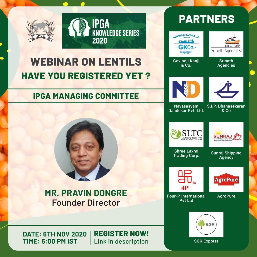 IPGAPulses's tweet photo. Have you registered for the IPGA Knowledge Series webinar on Red Lentils yet ? Its at 5 PM IST, Friday, 6th November 2020.
Click https://t.co/CABG0Ai3ps to register for the RED LENTIL webinar TODAY!
#IPGA #IPGAKnowledgeSeries #Pulses #pulsesoutlook #Lentils #RedLentils https://t.co/LyuMx57JBV