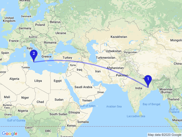 RandomDistance's tweet photo. The distance between Ranchi, Jharkhand, India and 97015 Modica, Free municipal consortium of Ragusa, Italy is 6800km #Maps #GIS #Earth https://t.co/pubxBCiVD9