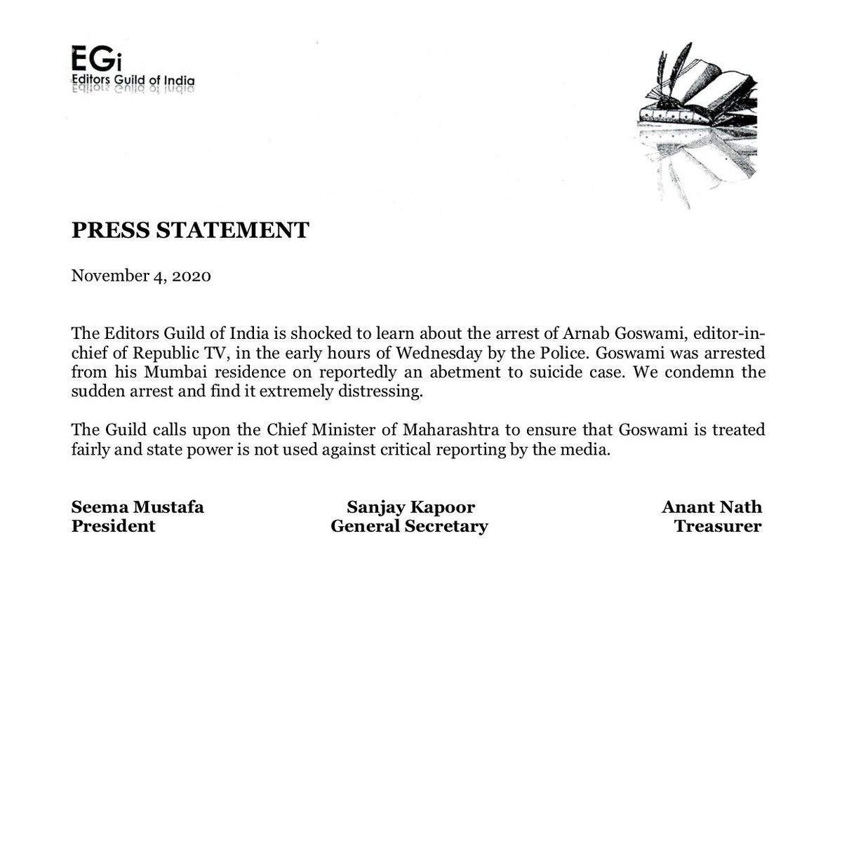 Editor Guild issues statement expressing shock over the arrest of Republic TV Editor in Chief Arnab Goswami #Arnab  #arnabarrested  #ArnabGoswamiArrested  #arnab_goswami  #MumbaiPolice  #maharashtragovt