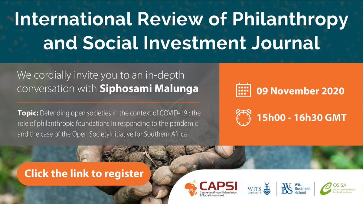 CAPSI: Centre African Philanthropy & Social Invest (@capsi_africa) on Twitter photo Join us on Monday 9 November for the our Journal series. We will be engaging with <a href="/SiphoMalunga/">Siphosami Malunga</a> to discuss his field note “Defending open societies in the context of #COVID19”.
Click the link to register -> lnkd.in/d6FwXWZ
<a href="/OSISA/">OSISA</a> <a href="/OpenSociety/">Open Society Foundations</a> <a href="/OSFJournalism/">OSF Journalism</a> #pracademic Join us on Monday 9 November for the our Journal series. We will be engaging with <a href="/SiphoMalunga/">Siphosami Malunga</a> to discuss his field note “Defending open societies in the context of #COVID19”.
Click the link to register -> lnkd.in/d6FwXWZ
<a href="/OSISA/">OSISA</a> <a href="/OpenSociety/">Open Society Foundations</a> <a href="/OSFJournalism/">OSF Journalism</a> #pracademic