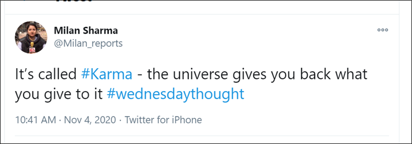 - Some have even done away with the pretense of questioning the  #ArnabGoswamiArrested - BTW, when the same 'Karma' comes and bites you, I hope she won't cry about unfairness of the world. And tyranny of powers-that-be.