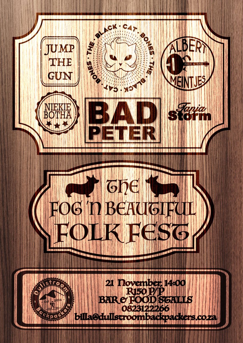 We are celebrating the best of folk music...
This has been in the making for years.
21 Nov 2020, R150pp, 150 tickets available, 2 bars, Food, bad weather proof event
#fognbeautiful