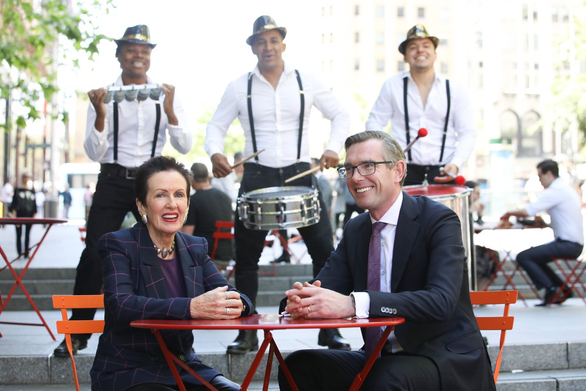 CloverMoore's tweet photo. Today Treasurer @Dom_Perrottet and I signed a $20 million agreement to bring the beat back to our city this summer!

We will reactivate the city centre and precincts with outdoor dining and bars, late night trading, live music and cultural institutions open into the evening. https://t.co/oN2MKrnCD8