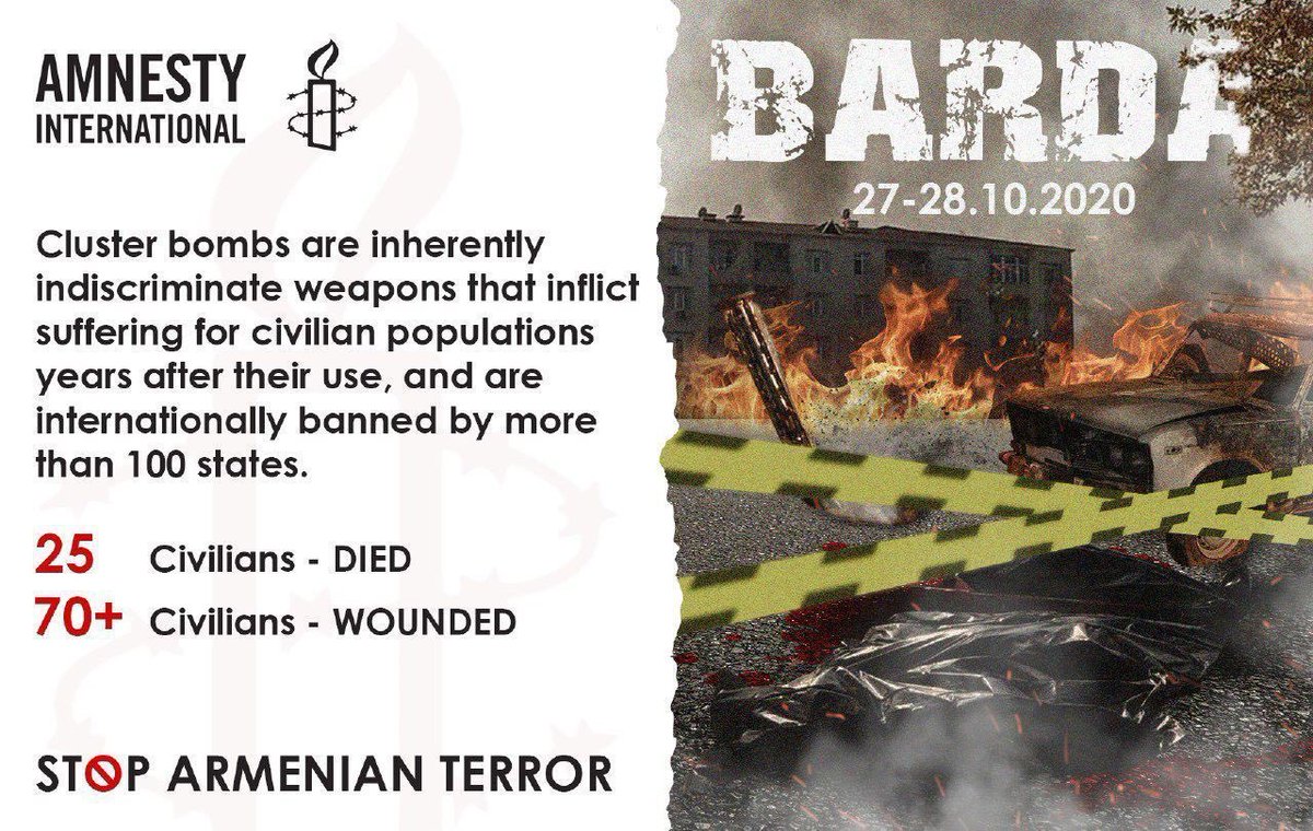#Barda. #Armenia has fired cluster bombs over residential areas of #Azerbaijan far away the conflict zone resulting in 25 dead and 70+ wounded.
#ArmeniaIgnoresUNresolutions #DontBelieveArmenia #KarabakhisAzerbaijan #StopArmenianAggression #StopArmenianOccupation