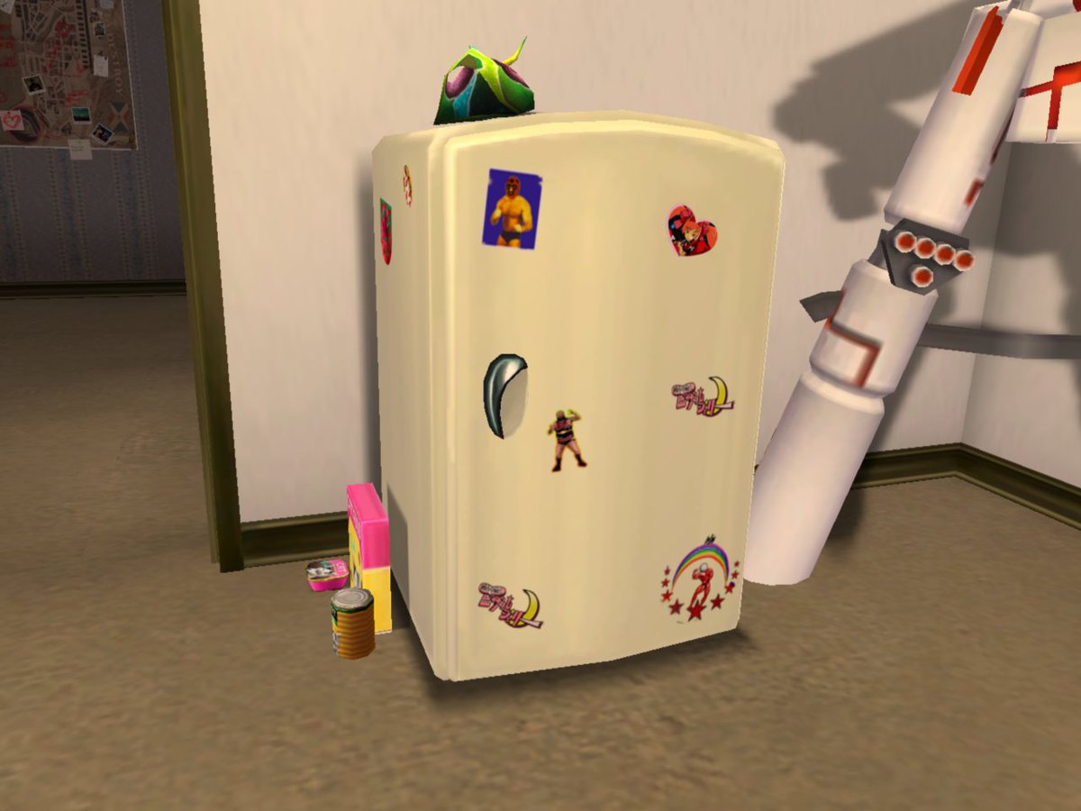 The fridge. In the second game there's a photo on the side that I'd like to see more closely... I like that Strawberry sticker there.  #NoMoreHeroes