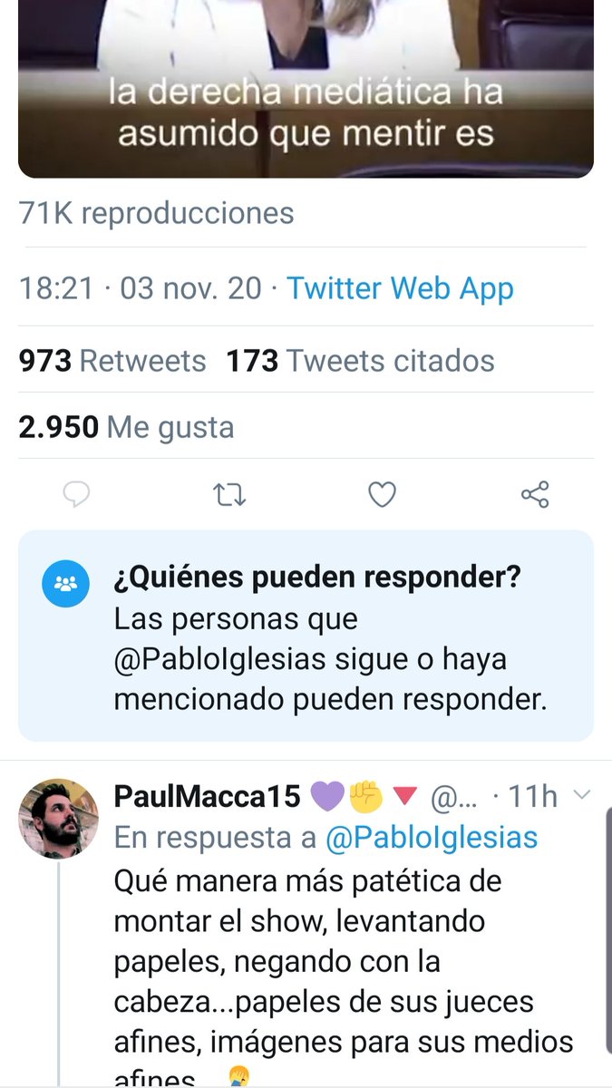 Esta es la democracia de este desgobierno. La democracia de la que el impresentable y fascista de <a href="/PabloIglesias/">Pablo Iglesias 🔻{R}</a> hace alarde.  Ha restringido sus rrss para que los ciudadanos no podamos opinar de las mentiras que publica.
Comunismo en estado puro y fascismo en estado puro.