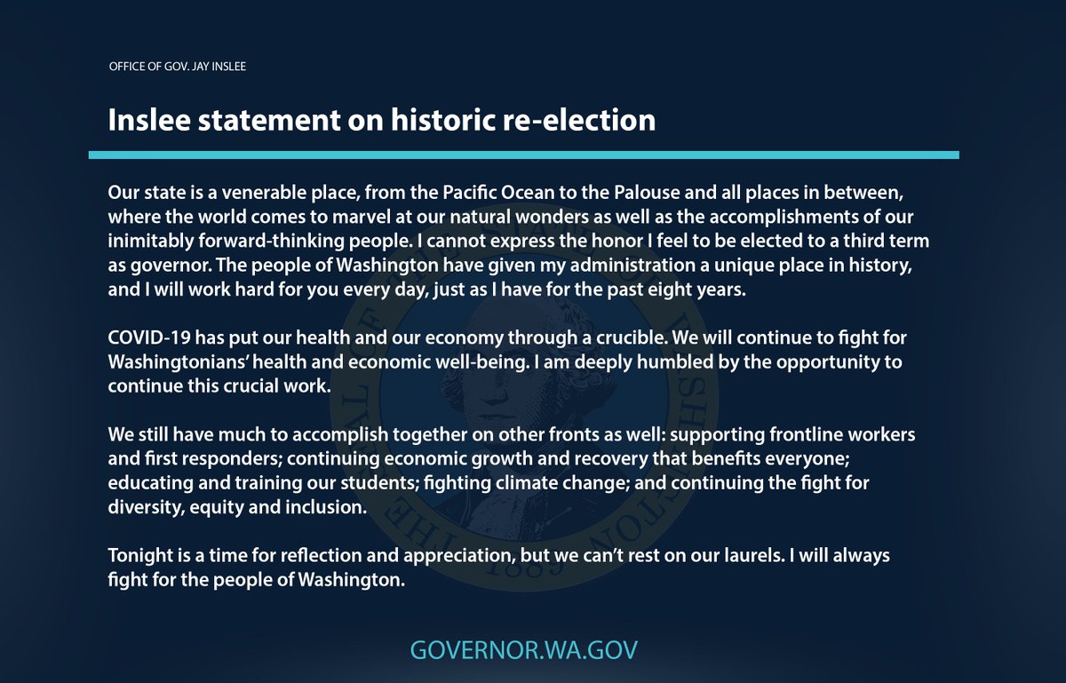 GovBobFerguson's tweet photo. I cannot express the honor I feel to be elected to a third term as governor. 
 
The people of Washington have given my administration a unique place in history, and I will continue to work hard for you every day. https://t.co/WSxJvEjAXN